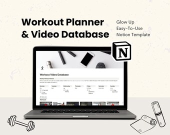 Planificador de entrenamiento Notion, base de datos de vídeos, rastreador de pérdida de peso (descarga digital)