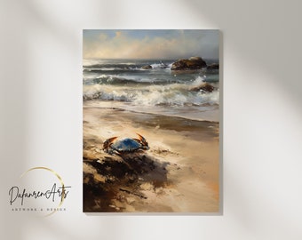 Crab at Beach Printable Wall Art For Living Room Impressionism Beachscape Art Wall Decor Digital Download