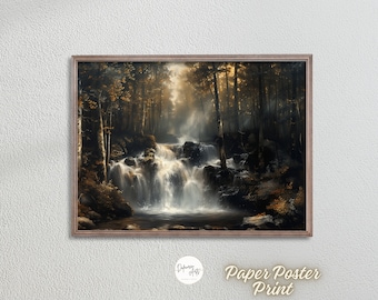 Waterfall in The Forest Premium Matte Paper Poster Prints Wall Art - Impressionism Waterfall River in The Jungle Painting Print Wall Decor