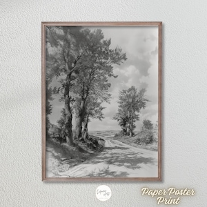 Landstraße Landschaft Skizze - Premium Matt Papier Poster Wandkunst - Schwarz-weiße minimalistische Landschaftsdruck Wanddekoration