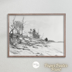 Boceto del paisaje de la costa de la costa de la playa - Póster de papel mate premium imprime arte de la pared - Decoración de la pared de la impresión del boceto de la costa del océano en blanco y negro