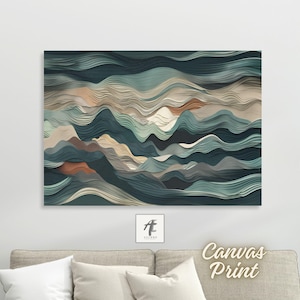 May include: Canvas print featuring an abstract landscape design. The artwork showcases layered, wavy patterns in shades of teal, beige, and rust. The overall composition evokes a sense of depth and movement, suitable for home decor.