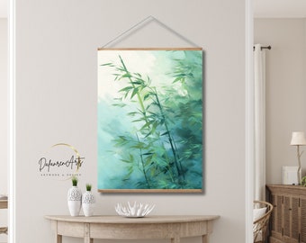 Bamboo Tree Art Print with Hanger For Living Room Traditional Japanese Art Style Green Bamboo Wall Hanging Wall Decor