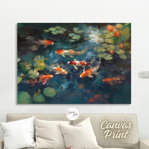 Koi Fish Pond Canvas Print Wall Art - Impressionism Colorful Koi Fishes Painting Art Prints Wall Decor