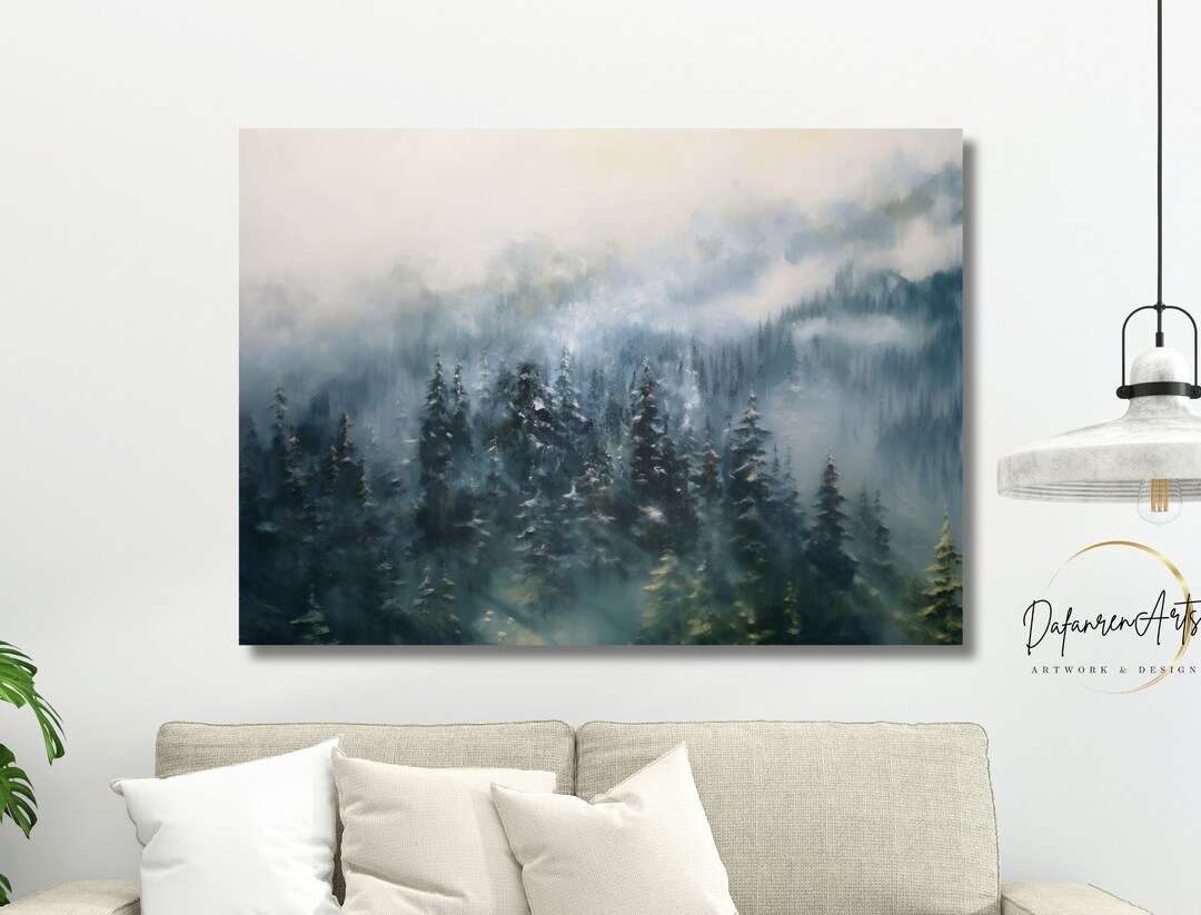 Misty Pine Tree Forest Canvas Print Wall Art for Impressionism ...