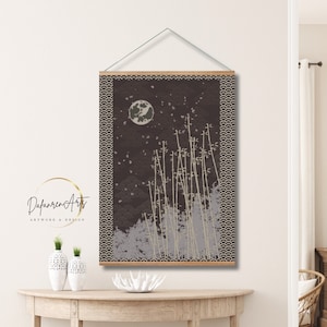 Póster de papel premium con percha, bosque de bambú por la noche, decoración de pared estilo arte oriental japonés tradicional