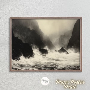 Crashing Waves Black and White Premium Matte Paper Poster - Monochrome Coastal Wave Picture Art Print Wall Decor