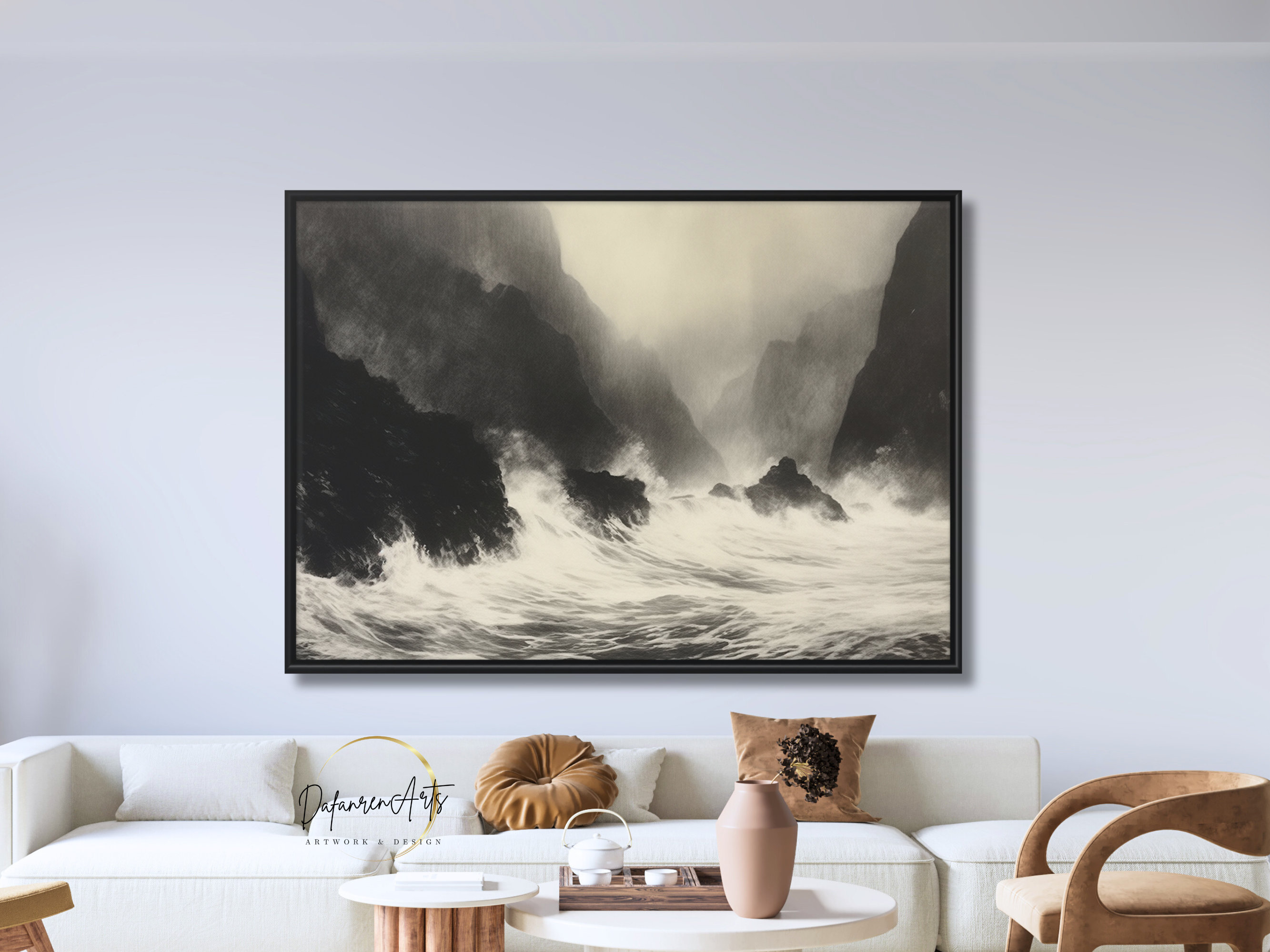 Crashing Waves Premium Matte Paper Wooden Framed Poster Wall Art - Grayscale Vintage Style Seascape Art Design Wall Decor