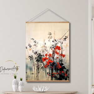 Póster de papel de flor roja con percha para sala de estar, decoración de pared de flores rojas de estilo artístico japonés tradicional