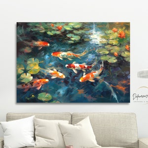 Koi Fish Pond Canvas Print Wall Art - Impressionism Style Koi Fish Art Wall Decor