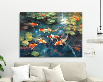 Koi Fish Pond Canvas Print Wall Art - Impressionism Style Koi Fish Art Wall Decor