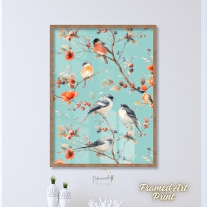 Pájaros en un cerezo Premium papel mate madera enmarcado cartel impresión - Boho Pastel colores botánico minimalista arte impresión