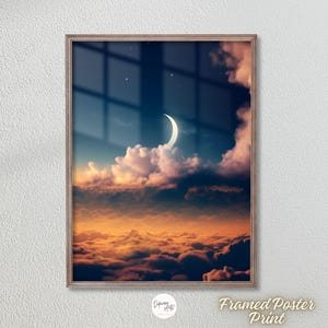 Crescent Moon Above Sunset Clouds - Premium Matte Paper Wooden Framed Poster Wall Art - Night Sky Moonlight Modern Wall Decor