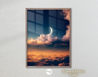 Crescent Moon Above Sunset Clouds - Premium Matte Paper Wooden Framed Poster Wall Art - Night Sky Moonlight Modern Wall Decor