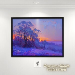 May include: A framed landscape art print featuring a winter scene with trees and a sunset. The artwork uses shades of purple, blue, and orange. The text "Premium Matte Poster Print" is visible in the lower right corner.