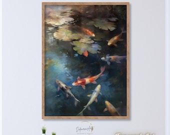Koi Fish Pond Premium Matte Paper Wooden Framed Poster Print - Impressionism Koi Fishes Lagoon Painting Art Print