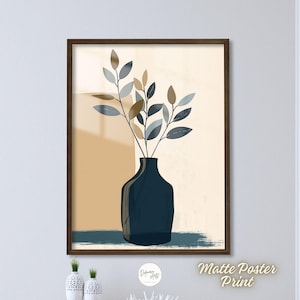 Póster de papel mate de primera calidad con hojas en un jarrón azul, impresión artística para pared: impresiones de pintura de plantas botánicas minimalistas bohemias, decoración de pared