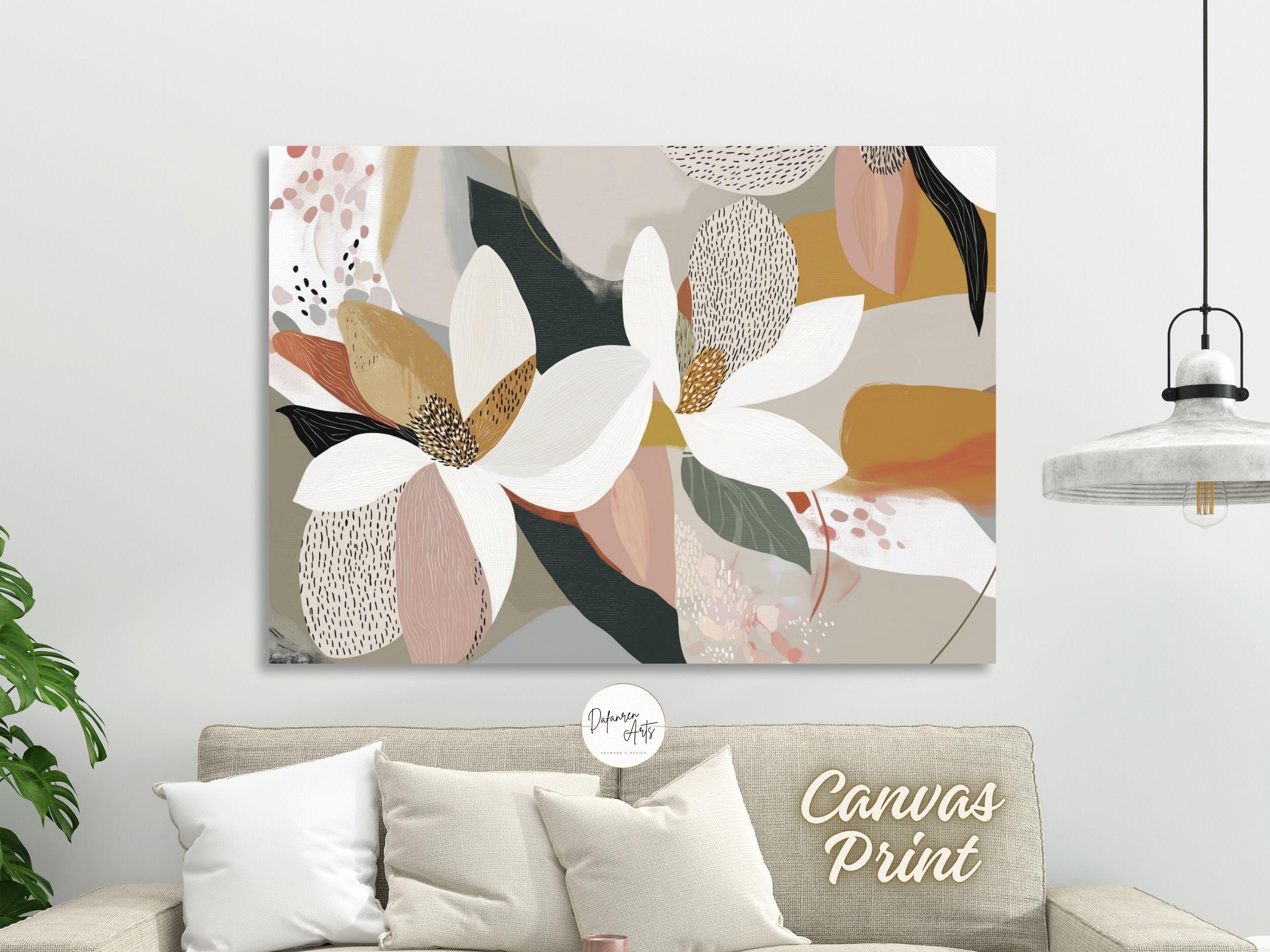 Minimalistische witte magnoliabloemen schilderij slank canvas print muurkunst - abstracte boho bloemen gedempte kleurenprints moderne kunst muurdecoratie
