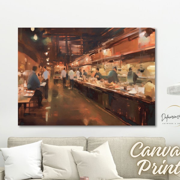 Scene From an Outdoor Dining Canvas Print Wall Art - Impressionism Restaurant at Night Cafe Painting Print Wall Decor