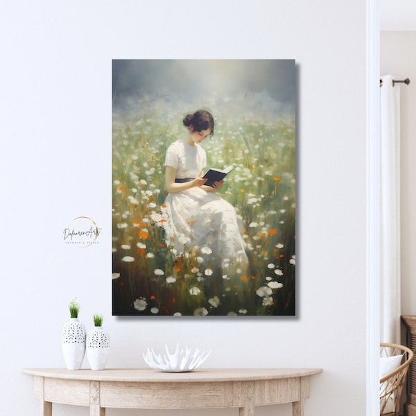 Woman in White Canvas Print Wall Art For Living Room Impressionism Style Flower Field Art Wall Decor