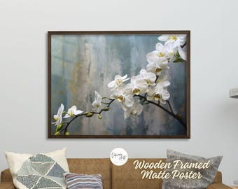 White Orchid Flowers Premium Matte Paper Wooden Framed Poster Wall Art - Floral Botanical Art White Flower Painting Wall Decor