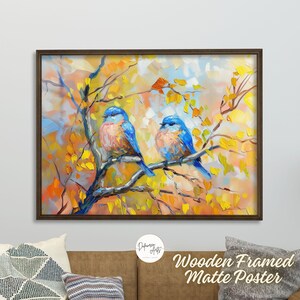 Frühlingsvögel auf einem Baum Premium Mattpapier Holzgerahmter Posterdruck - Impressionismus Impasto Blaue Vögel auf einem Zweig Minimalistischer Kunstdruck