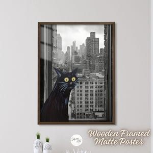 Poster da parete con cornice in legno, carta opaca di alta qualità, "Gatto nero nella grande città" - Decorazione da parete con design minimalista monocromatico