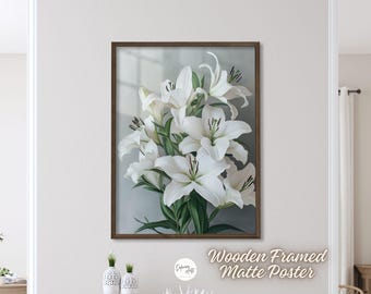 White Lily Flowers Premium Matte Paper Wooden Framed Poster Wall Art – Floral Botanical Lilies Flower Painting Art Print Wall Decor
