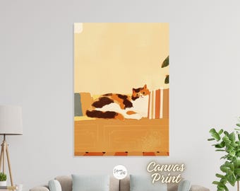 Cat On Sofa Canvas Print - Boho Minimalist Kitten Wall Art