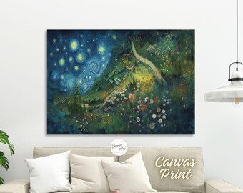Green Hill Star Night canvas print muurkunst voor woonkamer abstract impressionisme stijl landschap bloem heuvel muur decor: