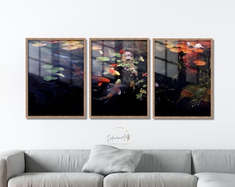 Koi Fish Pond Printable Wall Art For Living Room Set of Three Vertical Orientation Impressionism Art Wall Decor Digital Download