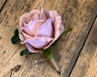 Artificial dusky pink rose buttonhole, Artificial flower wedding buttonhole, Grooms buttonhole, Rose wedding flowers, Pink rose boutonniere