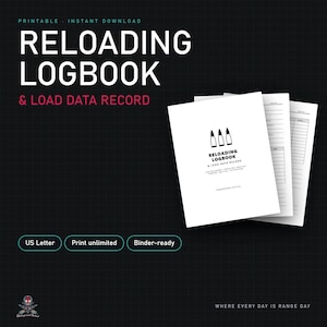 May include: A white reloading logbook and load data record with a black bullet icon on the cover. The document includes interior pages with lined tables for tracking ammunition development, load data, and batch logs in a standard letter format.