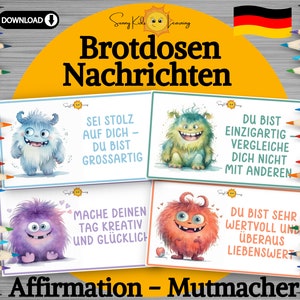 Lunch box messages, affirmation children, motivation lunch box, printable encouragement cards in German, mindfulness snack box preschool school pdf