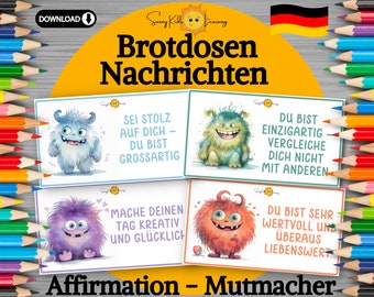 Brotdosen Nachrichten, Affirmation Kinder, Motivation lunchbox, druckbare Mutmach Karten deutsch, Achtsamkeit Jausenbox Vorschule Schule pdf