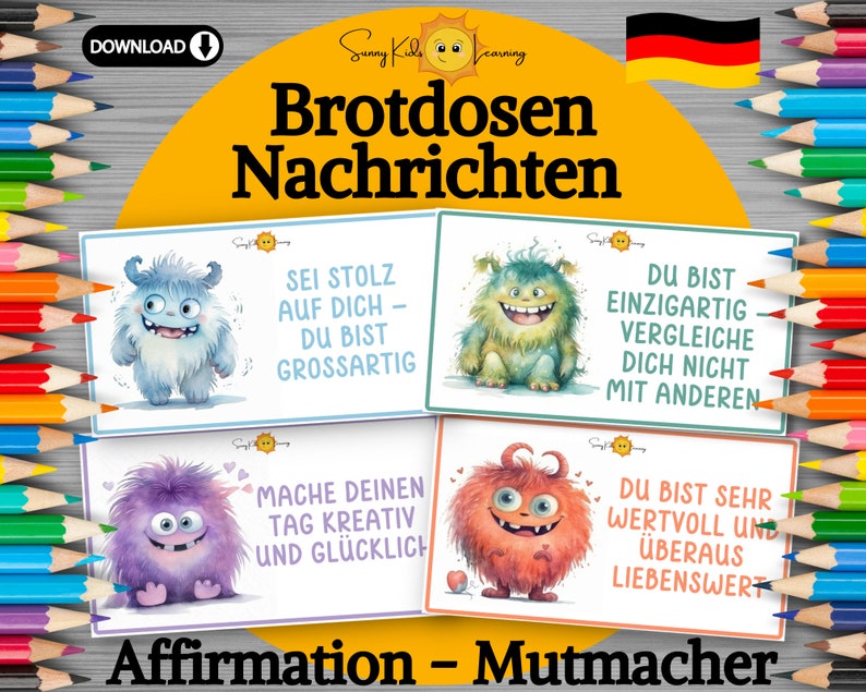 May include: Four colorful cards with monster illustrations and positive affirmations in German. The cards read "Sei stolz auf dich - du bist grossartig", "Du bist einzigartig - vergleiche dich nicht mit anderen", "Mache deinen Tag kreativ und gl&uuml;cklich", and "Du bist sehr wertvoll und &uuml;beraus liebenswert".