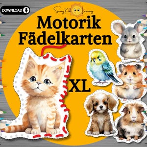 Fädelkarten Fädelspiel Tiere, erstes Fädeln, Motorikkarten Schnüren lernen, Kleinkind Frühförderung Montessori download, Kind Bastelvorlage