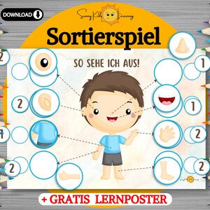 Może przedstawiać: Kolorowa edukacyjna gra dla dzieci z postacią chłopca z kreskówki z różnymi częściami ciała. Gra zawiera pasujące karty z liczbami 1 i 2 oraz tekst "Sortierspiel SO SEHE ICH AUS!" i "+ GRATIS LERNPOSTER".