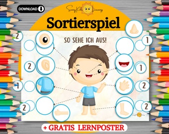 Körper lernen Sortierspiel digitaler Download, Körperteile Lernhilfe Junge, Lernspiel Buben Vorschule, Kita Kindergarten Arbeitsblatt Körper