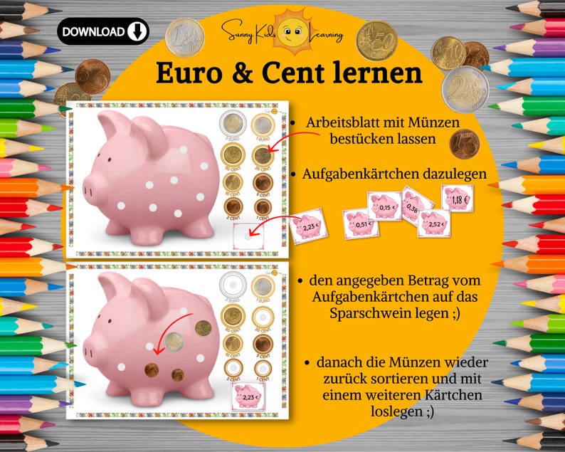 Geld zählen lernen, Spielgeld digital, Euro Lernspiel deutsch, Montessori Frühförderung Kinder Vorschule Kindergarten, Euro Busy book sparen zdjęcie 5