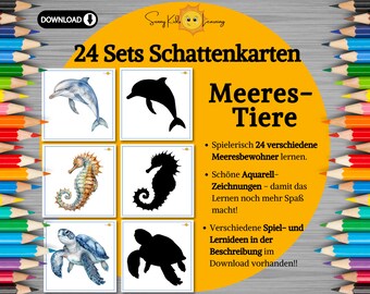 Meerestiere Schattenkarten, Ozean Tiere lernen pdf, Montessori Lernkarten Meer, Flash Cards Tiere, Aktivitätskarten Sommer Kinder Vorschule