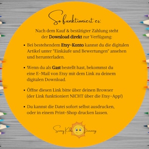May include: A yellow circle with text explaining how to download digital items purchased on Etsy. The text says "So funktioniert es:" and includes instructions for downloading digital items after purchase. The circle is surrounded by a border of colored pencils.
