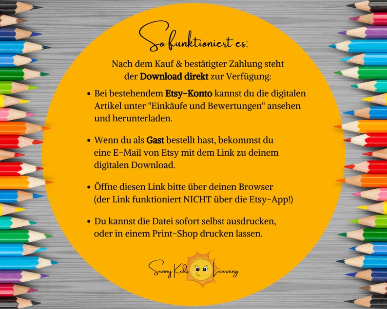 May include: A yellow circle with text explaining how to download digital items purchased on Etsy. The text says "So funktioniert es:" and includes instructions for downloading digital items after purchase. The circle is surrounded by a border of colored pencils.