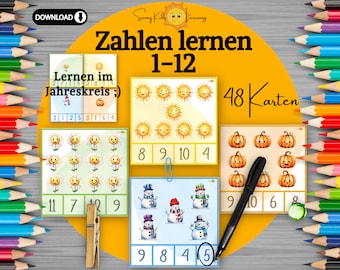 Zahlen lernen 1 - 12, Klammerkarten Zählen lernen, Zahlen flashcards digitaler download, Lernkarten Zahlen Schule Vorschule Kindergarten pdf
