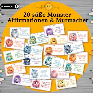 May include: 20 colorful affirmation cards featuring cute monster illustrations. Each card has a positive message for kids, such as "You are unique, compare yourself to no one" and "Believe in yourself, you can do it".