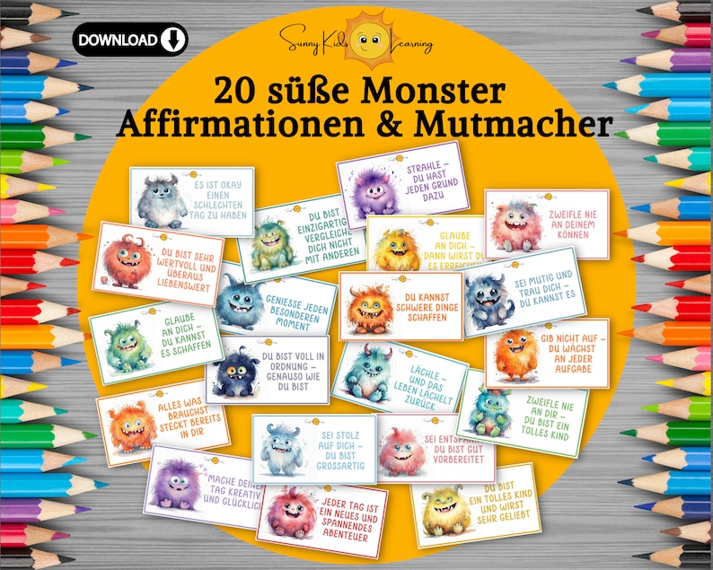 May include: 20 colorful affirmation cards featuring cute monster illustrations. Each card has a positive message for kids, such as "You are unique, compare yourself to no one" and "Believe in yourself, you can do it".