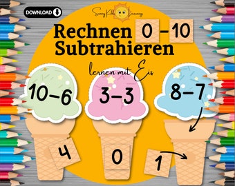 Subtraktion lernen, Zahlen 0-10, Minus Rechnen Kinder, Mathematik Frühförderung digitaler download, Zahlen Eis DIY Montessori Vorschule pdf