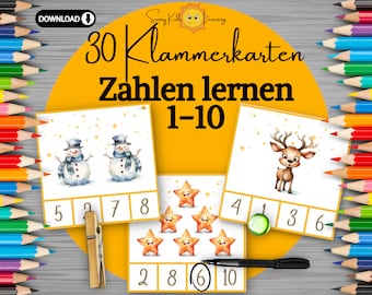 Zahlen lernen 1 bis 10, Übungsblätter Zahlen digitaler download, Klammerkarten Kita, Arbeitsblätter Zahlen Schule Vorschule Kindergarten pdf