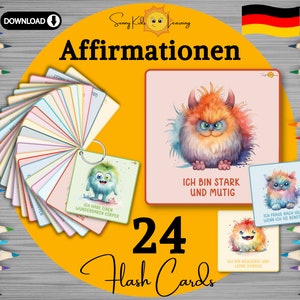Affirmationskarten Kinder, deutsch, Motivationskarten Kinder, druckbare Mutmach Monster Karten,Achtsamkeit Kindergarten Vorschule Schule PDF