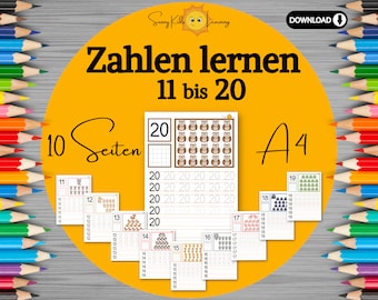 Zahlen lernen 11 bis 20, Übungsblätter Frühförderung digitaler download, Schwungübungen, Zahlen tracing Kita Schule Vorschule Kindergarten